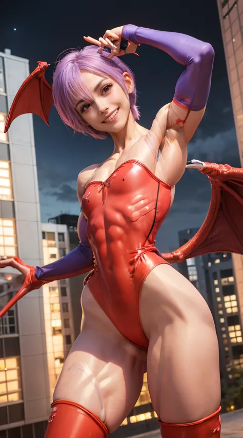 (muscular:2.3), (thick thighs:2.4), 
(lilith aensland darkstalkers, adult:1.5), pink hair, smiling, demon, head wings, 
eyeshado...