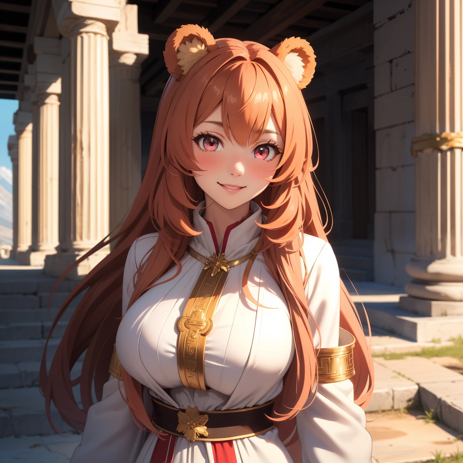 Raphtalia woman 20 years old , orange hair, Pink eyes, smile,  blush, bear ears,  tanned skin, big breasts,  Greek white suit, a solemn atmosphere, ancient temple, white and gold greek goddess costume, gold accessories,
