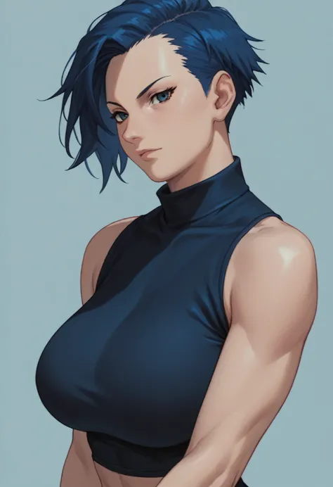 girl, alone, seductive look, sidecut hairstyle, short hair, royal blue hair, black sportswear, big breasts