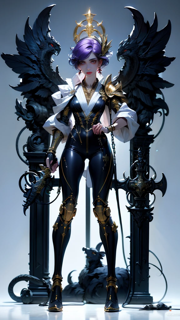 Perfect proportion, anatomically correct, (from head to foot: 2.0), (Full body image: 2.0), alone, extremely stylized, abnormal art, masterpiece, Very detailed, delicate eyes, expressive delicate eyes, (((pretty girl))),Detailed student, Futuristic, ((Wearing a crown)), ((holding dual weapon a sword on left hand and a lance on right hand)), (cybernetic weapons:1.4), big boot, Full body image, full-body shot, Professional photos, (大tassel), cyberpunk, ink punk, paint tray, Ink splatter, (Action poses:1.0), chain mail, character sheet, dark blue and white shirt, detailed, hd, blue background, pale face, black purple wings, HD, 8k, detailed face, sitting on chair, a sword on left hand and a lance on right hand, chibi