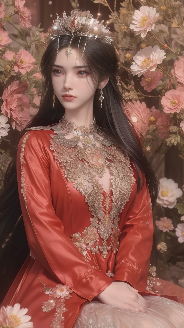 a woman with long, wavy black hair, wearing a light red dress adorned with pink flowers. She is seated in front of a backdrop of white daisies and pink flowers, adding a pop of color to the otherwise monochromatic scene. The woman's dress is adorned with a silver chain, adorned with pearls, and a silver bracelet. Her left hand is resting on her lap, while her right hand is draped over her right shoulder. The backdrop is blurred, creating a stark contrast with the white flowers.