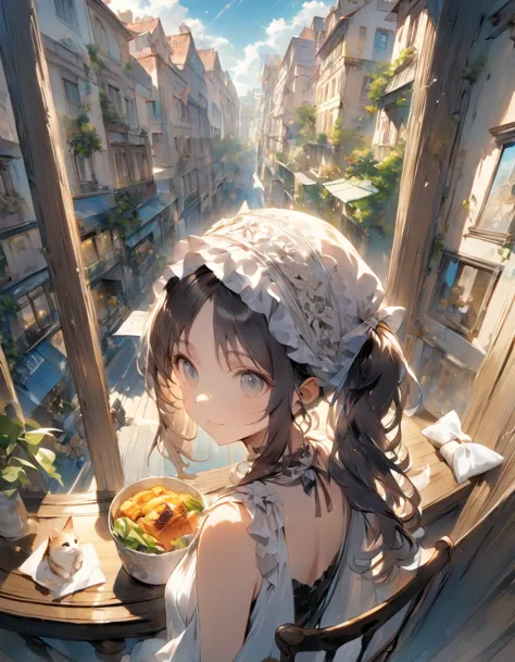 ((best quality))、((masterpiece))、(detailed)、8k、a woman and a cat having lunch on the balcony
「at the balcony table、a woman is en...