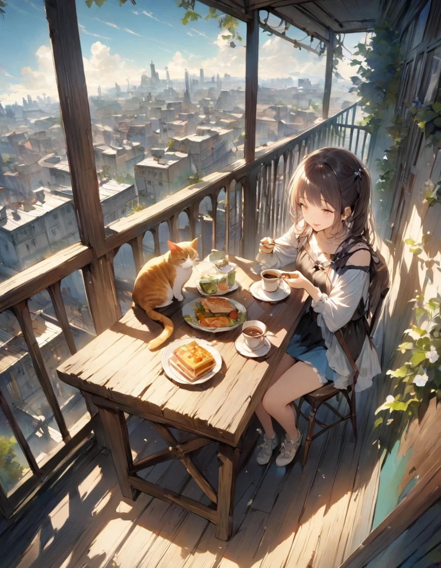 ((Best Quality))、((masterpiece))、(detailed)、8k、A woman and a cat having lunch on the balcony
「At the balcony table、A woman is enjoying a snack。There is a cat tower next to the table.、A cat is sunbathing on it。The sky is blue、The surrounding buildings and distant scenery are visible.。」、Conceptual Art、jpeg artifacts、First Person View、Nearby cat、Ultra-high resolution、Anatomically correct、Attention to detail、Super Detail