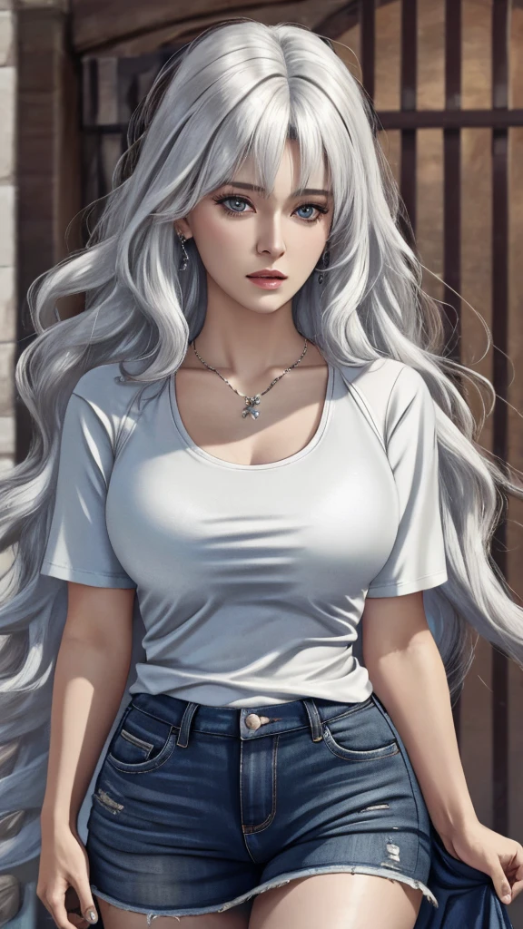 photorealistic, high resolution, 1women, mature female, solo, hips up, jewelry, wavy hair, white hair, t-shirt, close up