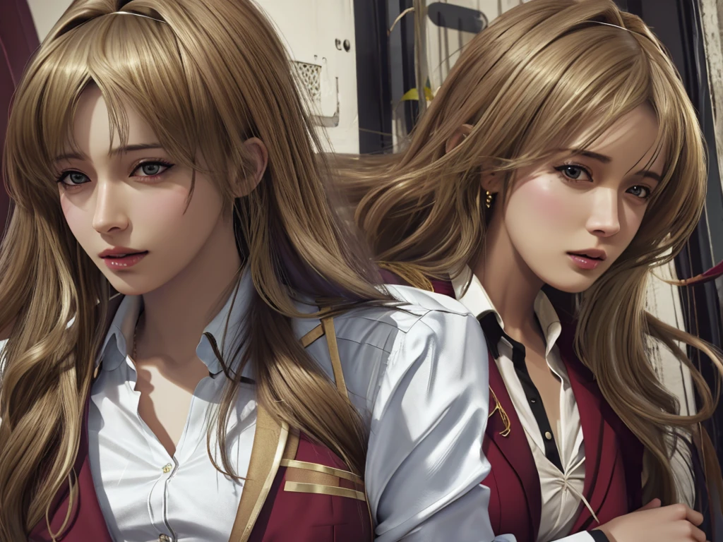 photorealistic, high resolution, 1women, mature female, solo, hips up, jewelry, wavy hair, long hair, school uniform