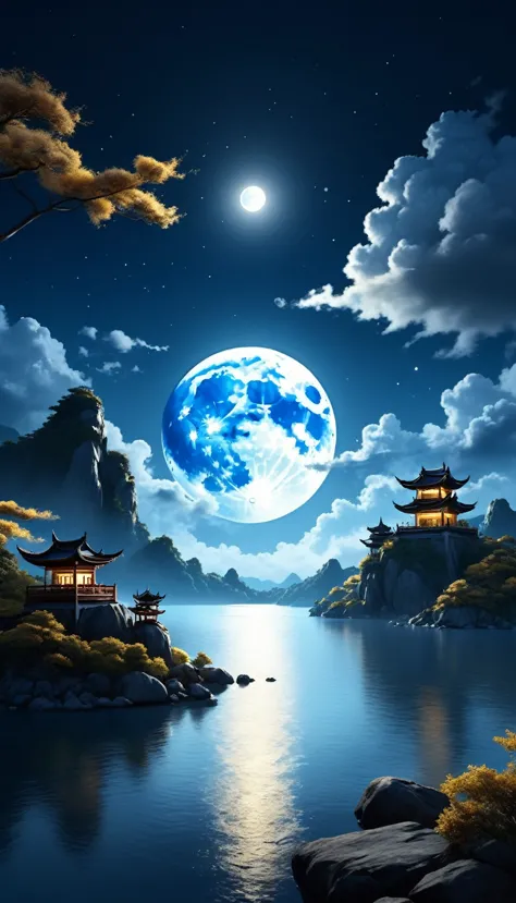 in the night sky of mid-autumn festival，a magnificent full moon hangs high in the sky，illuminating a serene landscape，soft cloud...