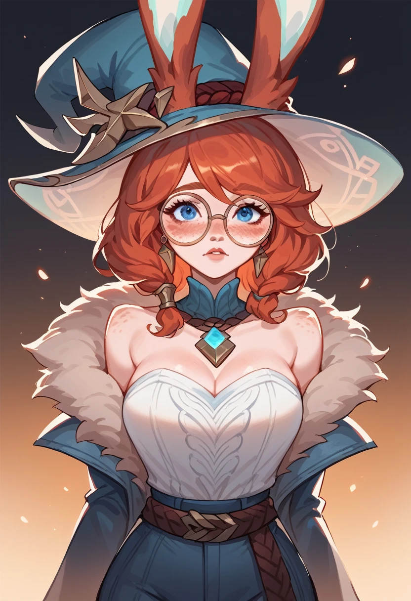 score_9, score_8_up, score_7_up, Aurora (league of legends), 1 girl, blue eyes, bunny ears, red hair, freckles, round glasses, sexy, full body, squinty eyes, blue shorts, brown belt, earrings, long eyelashes, sexy, big bust, pretty face, witch hat, in an amusement park