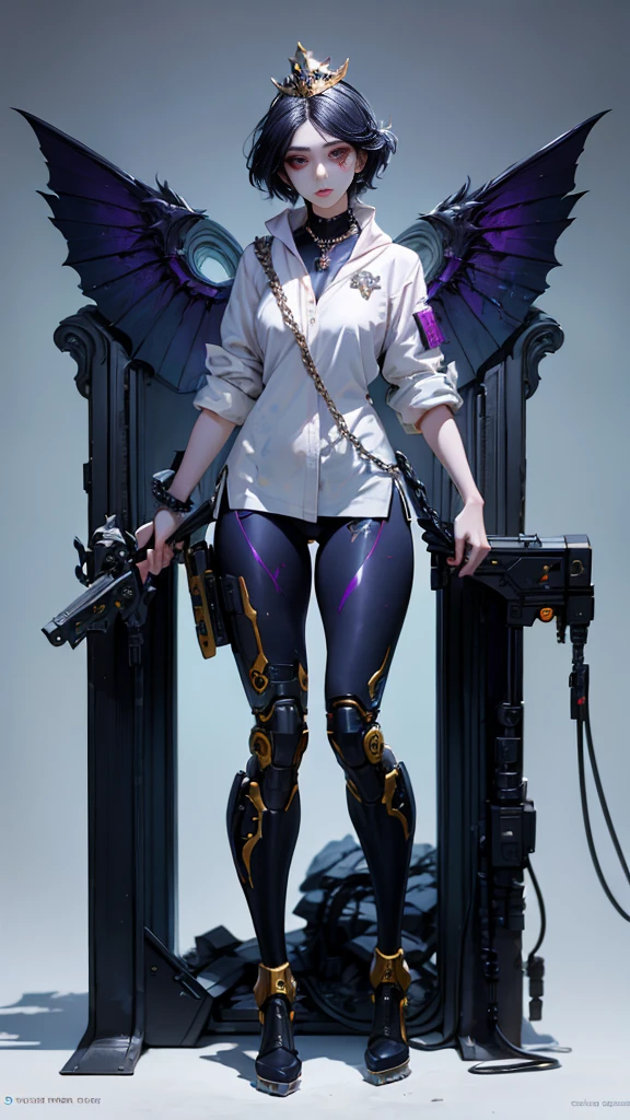 Perfect proportion, anatomically correct, (from head to foot: 2.0), (Full body image: 2.0), alone, extremely stylized, abnormal art, masterpiece, Very detailed, delicate eyes, expressive delicate eyes, (((pretty girl))),Detailed student, Futuristic, ((Wearing a crown)), ((holding dual weapon a sword on left hand)), (cybernetic weapons:1.4), big boot, Full body image, full-body shot, Professional photos, (大tassel), cyberpunk, ink punk, paint tray, Ink splatter, (Action poses:1.0), chain mail, character sheet, dark blue and white shirt, detailed, hd, blue background, pale face, black purple wings, HD, 8k, detailed face, sitting on chair, a sword on left hand, chibi,