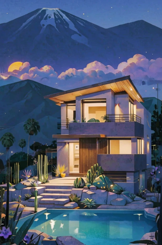 small and beautiful modern house in top of big boulders, terraces, pool, stairs, multiple cacti gardens, palms, trees, rocks, beautiful landscape design, mountains and volcano y background, amazing clouds, sun, moon, planets, milky way galaxy, concrete, wood, glass and steel materials, olive green, violet, orange and withe colors in facade