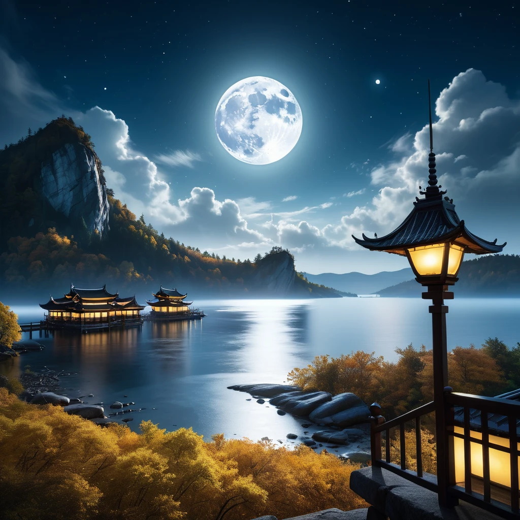 Landscape Photography，author：Mikko Lagerstedt，In the night sky of Mid-Autumn Festival，A magnificent full moon hangs high in the sky，Illuminating a Serene Landscape，Soft clouds drift by，Magnificent，Full of atmosphere，Hyperrealistic digital painting，Movie-like lighting effects，3D Rendering，The moonlight shines with golden light，8K超high resolution，Extreme details，Panoramic view，Magnificent scene。（RAW photos，Best quality），（reality，照片reality感：1.3），masterpiece，Extremely exquisite and beautiful，high resolution，Original，Perfect lighting，（Extremely detailed CG：1.2），unified，Amazing，Fine details