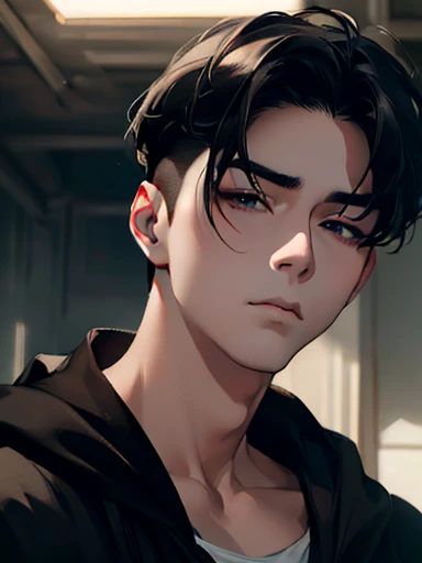 a man, close-up portrait, asian man, pale skin, dark black eyes, half-closed eyes, small eyes, elegant, black hair slicked back, black hoodie, (best quality,4k,8k,highres,masterpiece:1.2),ultra-detailed,(realistic,photorealistic,photo-realistic:1.37),cinematic lighting,dramatic chiaroscuro,moody