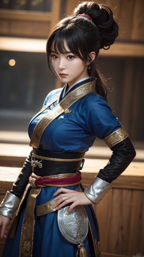 (Ultra high definition, High quality,8k, masterpiece: 1.3), Korean girl,  Warrioress, Ponytail, Joseon Dynasty Warriors&#39;clothes, 갑clothes, 찢어진 clothes, pale skin, 20 years old, (cut with a knife), (A large amount of blood: 1.6), Numerous wounds, holding a knife, Lying in the valley, lie down and bleed, Tired face, The body was half submerged in water., Blood stain, loose eyes,Wear combat uniform, holding a knife