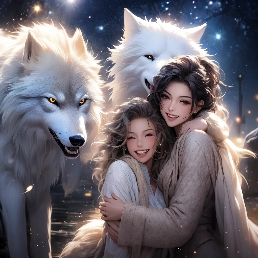 Find your soul mate、Getting lost and arriving、From the darkness comes light、Big silver wolf、Get close、Sparkle Effect, Lens Flare, Particles of light、aura、Woman hugging a wolf、love,Night Sky、Moon Background、Black Hair、Medium Hair, Gentle Wolf、smile, happiness/joy, Laughing, Woman hugging a wolf、