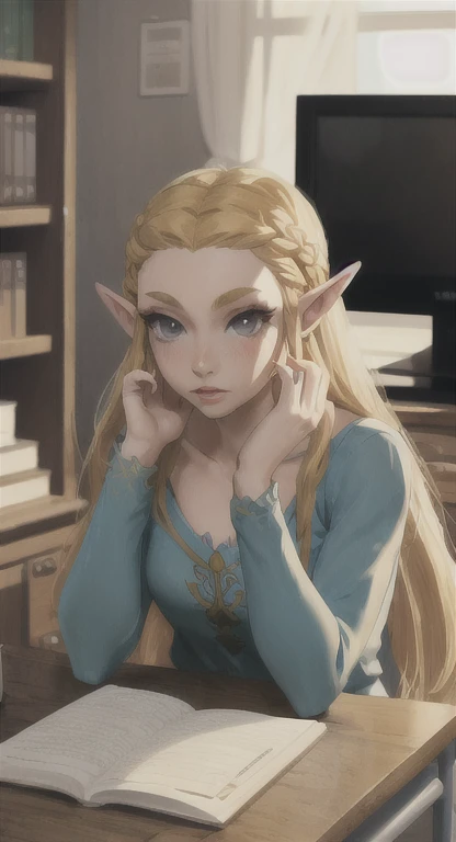 Modern Hylian, blonde, gamer girl, princess Zelda, desk, looking at computer screen, long messy hair, modern Hyrule, Hyrule castle, her bedroom, homework, 