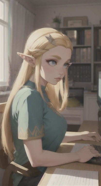 Modern Hylian, blonde, gamer girl, princess Zelda, desk, looking at computer screen, long messy hair, modern Hyrule, Hyrule castle, her bedroom, homework, 