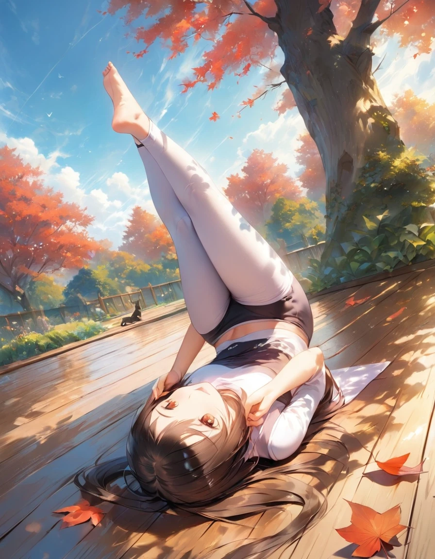 ((Best Quality))、((masterpiece))、(detailed)、8k、A woman doing yoga and a cat A woman is doing yoga on a wooden deck in the garden。Next to her、A cat lying down、Stretching。A tree with red leaves behind々And the beautiful blue sky spreads out.、Sharing a quiet autumn afternoon。、Conceptual Art、jpeg artifacts、First Person View、Nearby cat、Ultra-high resolution、Anatomically correct、Attention to detail、Super Detail