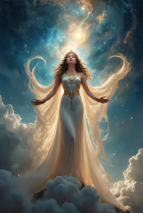 a woman in a long dress standing on a hill covered in clouds, celestial goddess, goddess of light, a stunning portrait of a godd...