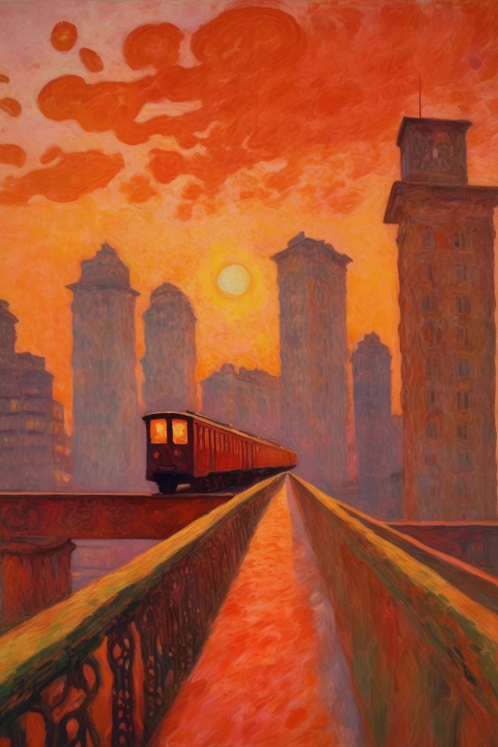 Pierre Bonnard Style - pierre bonnard painting, (low angle view:1.2),a train over a bridge, city sunset shadows and light,tall buildings , red sky, poster art, brutalism  Oil Painting in the style of  Pierre Bonnard 