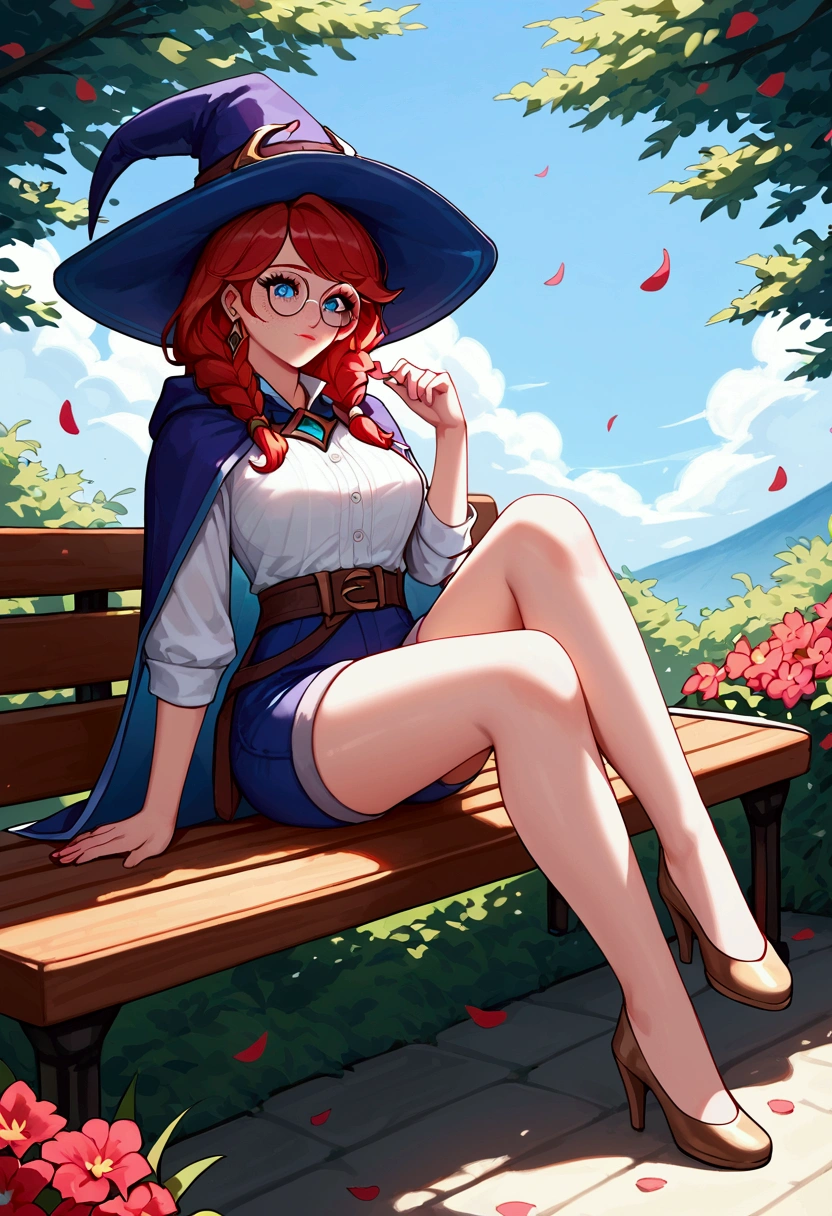 score_9, score_8_up, score_7_up, Aurora (league of legends), 1 girl, blue eyes, blonde bunny ears, red hair, freckles, round glasses, sexy, full body, squinty eyes, blue shorts, brown belt, earrings, long eyelashes, sexy, big bust, pretty face, witch hat, sitting on bench, picking petals off flowers
