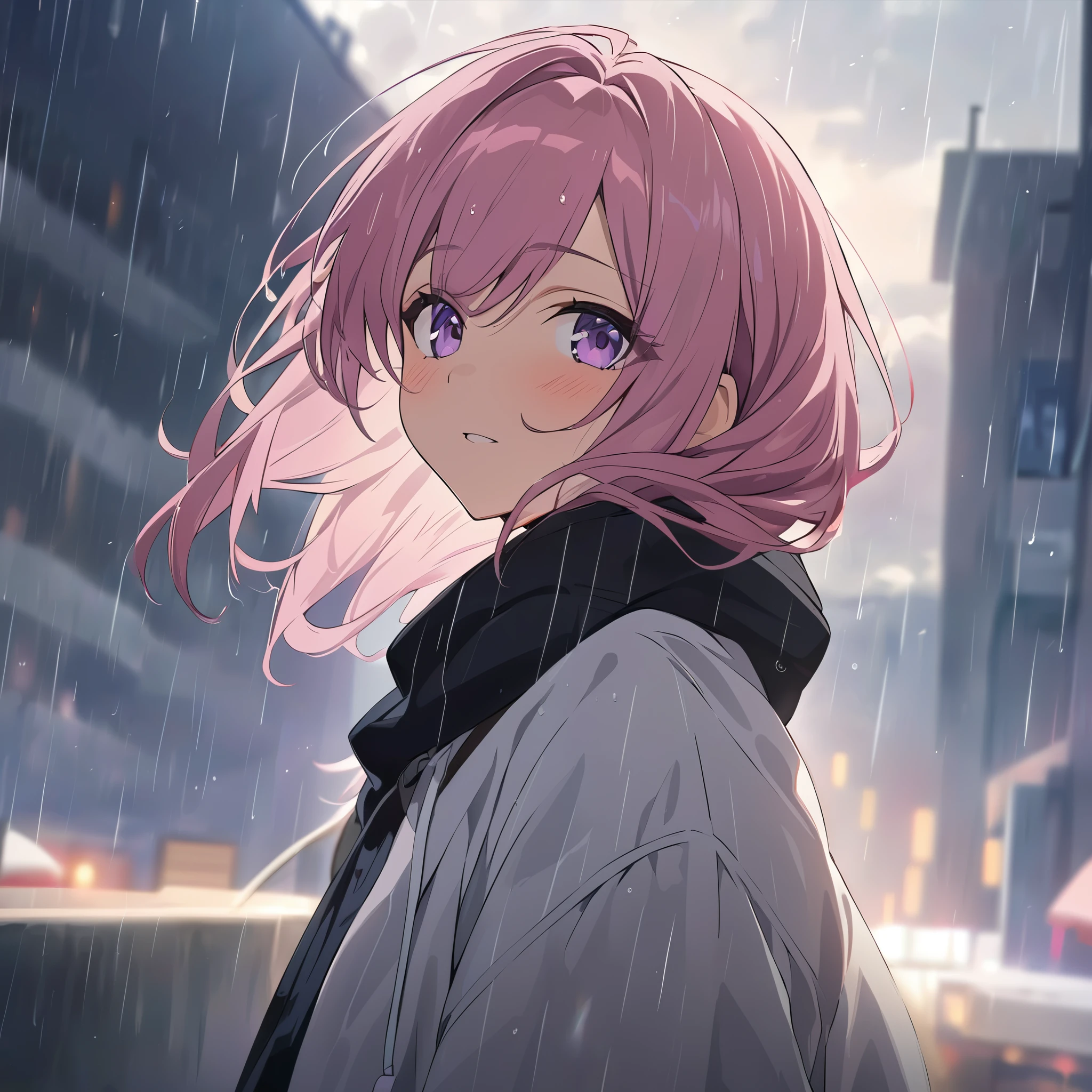 masterpiece，high resolution，Anime Art，Anime Numbers， 4k anime wallpaper，Radiant Skin，Looking at the camera，Solitary，An anime girl，blush，Pink Hair，Purple Eyes，Facing the audience，Upper body close-up，Rainy Day，Cloudy background