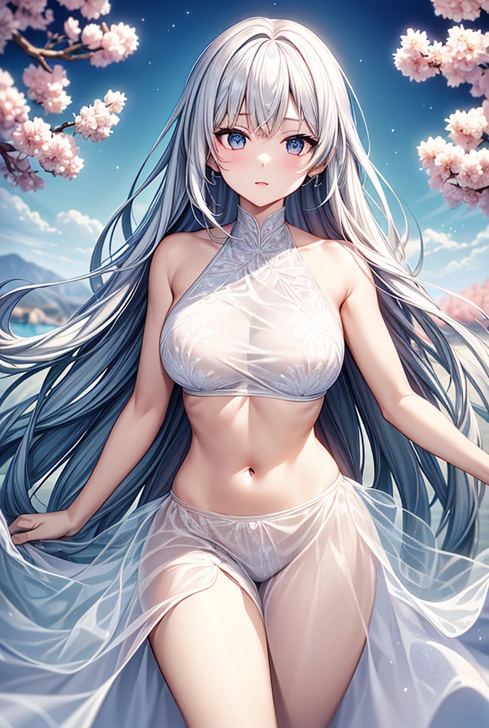 best quality:1.5), (ultra-detailed:1.5), (()), ((best quality)), (high resolution), (illustration), (an extremely delicate and beautiful), (ultra detailed beautiful face and eyes), 1girl, leaning forward sharp focus, ray tracing, 1girl, silky hair, multicolored hair, White hair(inner color Cherry blossom )、background(sakura tree, day light), eye color(White pink, high definition, inner eye sakura),volumetric lightning, Feet, chest emphasis, Toes, Full body painting、Abdominal muscles、Exposed belly、Hip emphasis、Groin、shin、Lift your butt、Abdominal muscles強調、looking_all(score_9:1.2), (score_8_up:1.2), (score_7_up:1.2),Alone,Perfect anatomy,(one cute girl:1.3),(line art:1.3),(Soft atmosphere:1.3),perfect anatomy,(A soft anime-style image capturing a delicate and ephemeral atmosphere),Enhance the anime screencap by adding a watercolor background, further elevating the dreamy and ethereal aesthetic. This scene, now rendered in 16k wallpaper resolution, merges the delicate beauty of the girl with pale skin and white hair with a soft, lush watercolor landscape. The big, intricately designed dress and her captivating eyes are set against a backdrop that mimics the fluid, blending colors of a watercolor painting, adding a layer of artistic depth and emotion. The perspective from above at a dutch angle, combined with the watercolor effect, creates a composition that feels like a floating, dream-like world, glowing aura around her are now part of a canvas that blends reality with imagination, inviting the viewer to step into a tranquil world of soft hues and poetic beauty, all encapsulated within a serene, watercolor dream,break,(best quality:1.3),(best masterpiece:1.3),(very aesthetic:1.2),(absurdres:1.2),newest,(intricate details:1.2),ai-generated,absurdres extremely detailed CG,depth of field,dynamic angle,dynamic pose