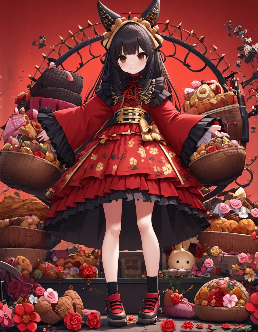 4k, bestquality, detailed, detailed scenery, detailed eyes, 1Girl, cute, adorable, straight hair, long hair, black hair, brown eyes, cleavage, smiling, looking at the camera, standing, BREAK (brack and red theme:1.4), (red and gold (gothic lolita, french girly):1.2), (fusion of red short kimono and red and brack classic dress:1.4), (extremely detailed floral pattern on dress:1.4), (long and baggy kimono-sleeves with ruffles:1.3), ((panier, multilayer-skirt) with black ruffles:1.4), (bare legs:1.3), (ankle socks with ruffles:1.2), (cute shoes:1.1)