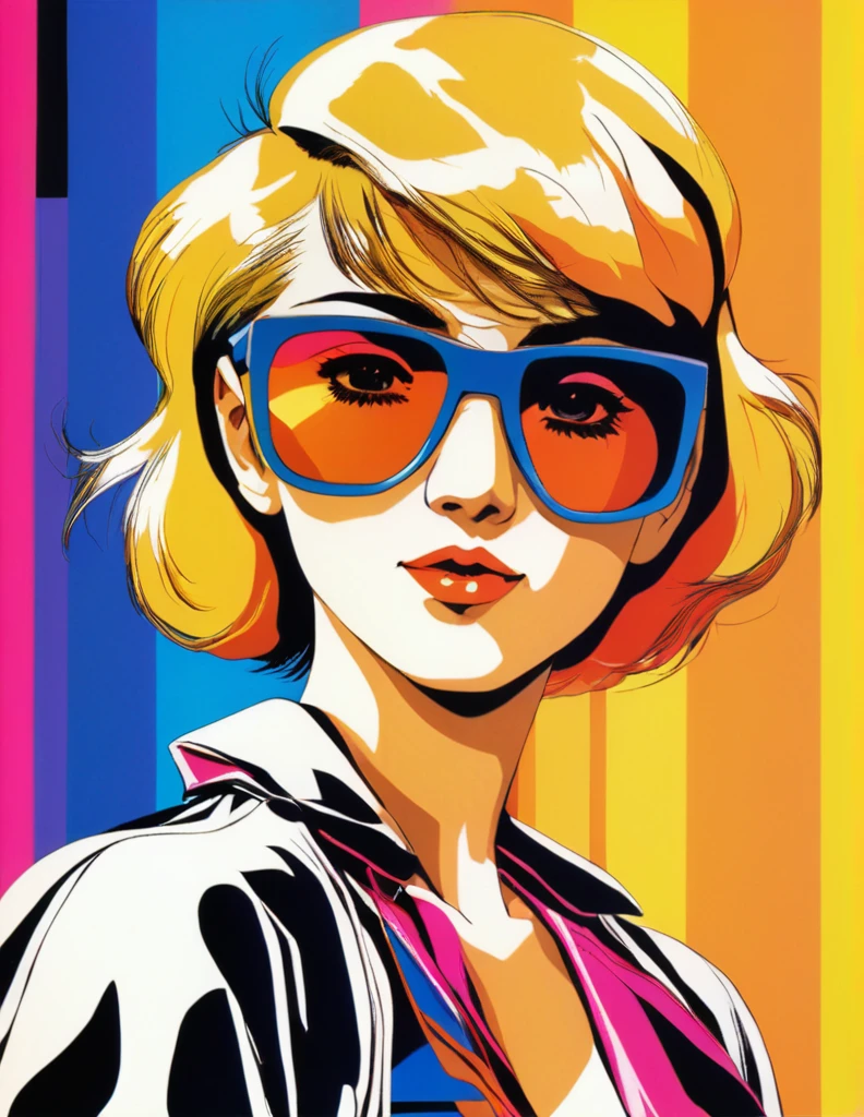 a cute girl with a short, blunt bob haircut styled in a retro 1980s fashion. She is wearing sunglasses and facing directly forward, looking confidently at the viewer. The overall vibe is playful and nostalgic, with bold colors and sharp lines, reminiscent of 80s pop culture style.