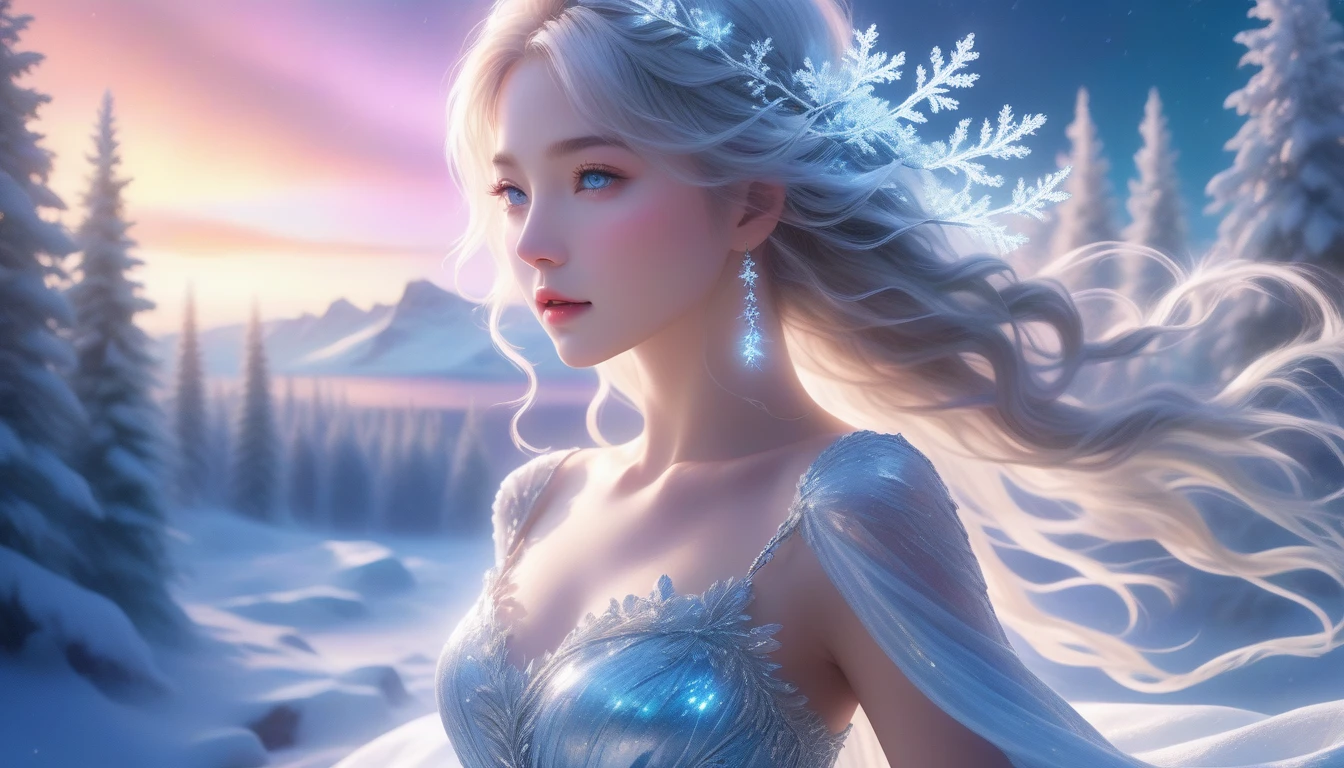 A Masterpiece In 32K Resolution, Supreme Clarity, Hyperreal Detail, Cinematic Artwork, Ultra-High-Resolution 32K Wallpaper, Majestic Lighting, Ethereal Beauty, And Immaculate Precision. The Scene Portrays A Girl Amidst A Serene, Snow-Covered Forest, Soft Flurries Falling Around Her In The Crisp Night Air. She Accentuating Her Full Bosom, With Glistening Jewelry That Dances With Her Every Shift. Her Skin Shimmers Like Frosted Glass, Radiating A Subtle Glow Against The Moonlit Snow. Her Wild, Wind-Swept Silver Hair Cascades Over Her Shoulders, Blending Effortlessly With The Pale, Icy Landscape. Glistening Crystals Of Snow Catch In Her Hair, Reflecting The Cool Light Of A Winter Night. She Is Draped In A Flowing, Ethereal Gown That Glows Softly Under The Majestic Northern Lights, Which Dance Across The Sky. Her Piercing, Ocean-Blue Eyes Stand Out Strikingly Against The Pale Environment, With An Intense, Soulful Gaze That Draws The Viewer In. Her Jewelry, Embellished With Frosted Gems, Glimmers As She Moves Gracefully Through The Snow-Laden Forest. The Cinematic Lighting Highlights The Depth And Immensity Of The Snow-Covered Scene, While Her Mystical Aura Exudes Grace And Elegance. The Hyper-Realistic Detail Captures Her Serene Yet Powerful Presence, Surrounded By The Whispering Silence Of The Winter Landscape, With Each Snowflake Illuminated In The Crisp Air Around Her.