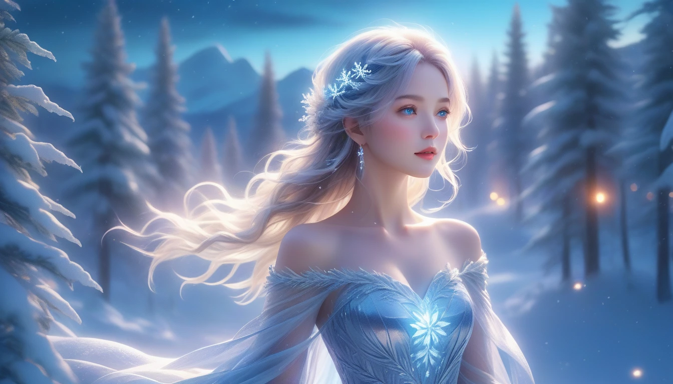 A Masterpiece In 32K Resolution, Supreme Clarity, Hyperreal Detail, Cinematic Artwork, Ultra-High-Resolution 32K Wallpaper, Majestic Lighting, Ethereal Beauty, And Immaculate Precision. The Scene Portrays A Girl Amidst A Serene, Snow-Covered Forest, Soft Flurries Falling Around Her In The Crisp Night Air. She Accentuating Her Full Bosom, With Glistening Jewelry That Dances With Her Every Shift. Her Skin Shimmers Like Frosted Glass, Radiating A Subtle Glow Against The Moonlit Snow. Her Wild, Wind-Swept Silver Hair Cascades Over Her Shoulders, Blending Effortlessly With The Pale, Icy Landscape. Glistening Crystals Of Snow Catch In Her Hair, Reflecting The Cool Light Of A Winter Night. She Is Draped In A Flowing, Ethereal Gown That Glows Softly Under The Majestic Northern Lights, Which Dance Across The Sky. Her Piercing, Ocean-Blue Eyes Stand Out Strikingly Against The Pale Environment, With An Intense, Soulful Gaze That Draws The Viewer In. Her Jewelry, Embellished With Frosted Gems, Glimmers As She Moves Gracefully Through The Snow-Laden Forest. The Cinematic Lighting Highlights The Depth And Immensity Of The Snow-Covered Scene, While Her Mystical Aura Exudes Grace And Elegance. The Hyper-Realistic Detail Captures Her Serene Yet Powerful Presence, Surrounded By The Whispering Silence Of The Winter Landscape, With Each Snowflake Illuminated In The Crisp Air Around Her.