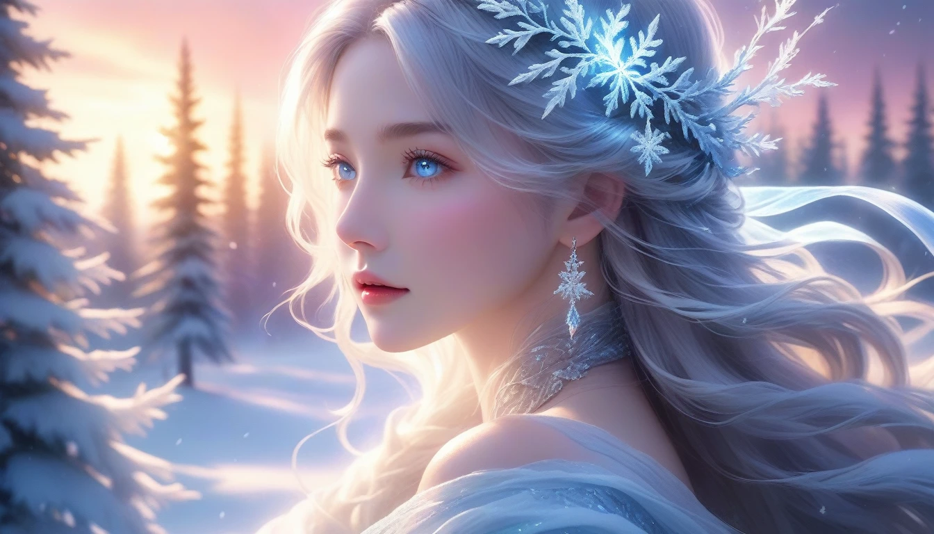 A Masterpiece In 32K Resolution, Supreme Clarity, Hyperreal Detail, Cinematic Artwork, Ultra-High-Resolution 32K Wallpaper, Majestic Lighting, Ethereal Beauty, And Immaculate Precision. The Scene Portrays A Girl Amidst A Serene, Snow-Covered Forest, Soft Flurries Falling Around Her In The Crisp Night Air. She Accentuating Her Full Bosom, With Glistening Jewelry That Dances With Her Every Shift. Her Skin Shimmers Like Frosted Glass, Radiating A Subtle Glow Against The Moonlit Snow. Her Wild, Wind-Swept Silver Hair Cascades Over Her Shoulders, Blending Effortlessly With The Pale, Icy Landscape. Glistening Crystals Of Snow Catch In Her Hair, Reflecting The Cool Light Of A Winter Night. She Is Draped In A Flowing, Ethereal Gown That Glows Softly Under The Majestic Northern Lights, Which Dance Across The Sky. Her Piercing, Ocean-Blue Eyes Stand Out Strikingly Against The Pale Environment, With An Intense, Soulful Gaze That Draws The Viewer In. Her Jewelry, Embellished With Frosted Gems, Glimmers As She Moves Gracefully Through The Snow-Laden Forest. The Cinematic Lighting Highlights The Depth And Immensity Of The Snow-Covered Scene, While Her Mystical Aura Exudes Grace And Elegance. The Hyper-Realistic Detail Captures Her Serene Yet Powerful Presence, Surrounded By The Whispering Silence Of The Winter Landscape, With Each Snowflake Illuminated In The Crisp Air Around Her.