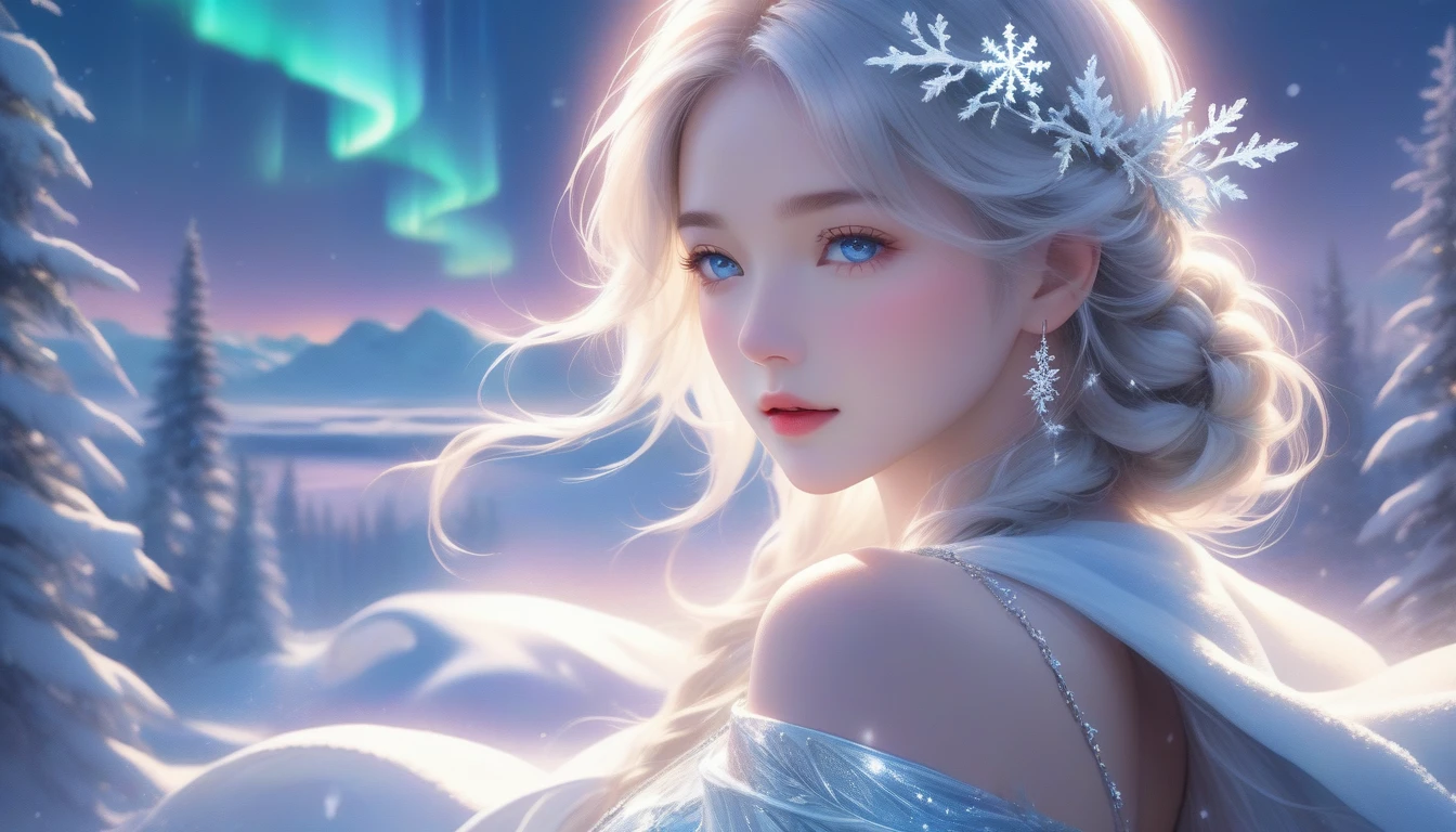 A Masterpiece In 32K Resolution, Supreme Clarity, Hyperreal Detail, Cinematic Artwork, Ultra-High-Resolution 32K Wallpaper, Majestic Lighting, Ethereal Beauty, And Immaculate Precision. The Scene Portrays A Girl Amidst A Serene, Snow-Covered Forest, Soft Flurries Falling Around Her In The Crisp Night Air. She Accentuating Her Full Bosom, With Glistening Jewelry That Dances With Her Every Shift. Her Skin Shimmers Like Frosted Glass, Radiating A Subtle Glow Against The Moonlit Snow. Her Wild, Wind-Swept Silver Hair Cascades Over Her Shoulders, Blending Effortlessly With The Pale, Icy Landscape. Glistening Crystals Of Snow Catch In Her Hair, Reflecting The Cool Light Of A Winter Night. She Is Draped In A Flowing, Ethereal Gown That Glows Softly Under The Majestic Northern Lights, Which Dance Across The Sky. Her Piercing, Ocean-Blue Eyes Stand Out Strikingly Against The Pale Environment, With An Intense, Soulful Gaze That Draws The Viewer In. Her Jewelry, Embellished With Frosted Gems, Glimmers As She Moves Gracefully Through The Snow-Laden Forest. The Cinematic Lighting Highlights The Depth And Immensity Of The Snow-Covered Scene, While Her Mystical Aura Exudes Grace And Elegance. The Hyper-Realistic Detail Captures Her Serene Yet Powerful Presence, Surrounded By The Whispering Silence Of The Winter Landscape, With Each Snowflake Illuminated In The Crisp Air Around Her.