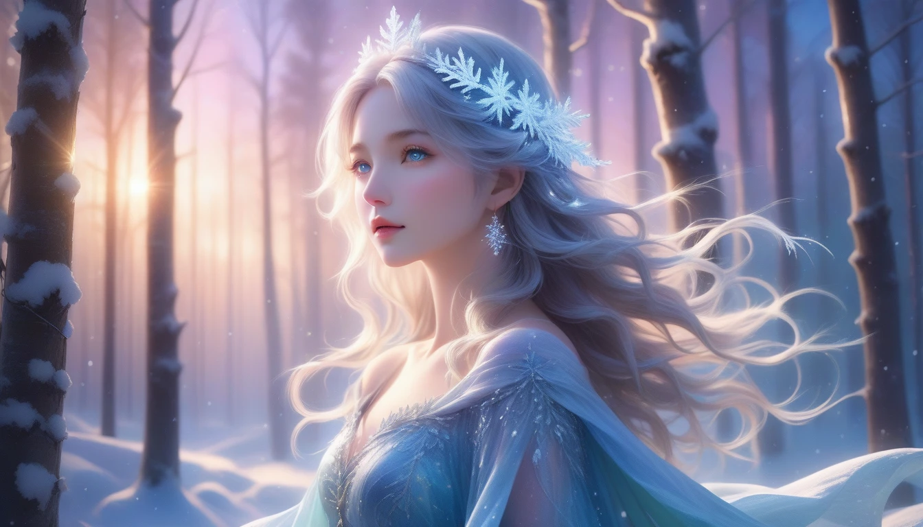 A Masterpiece In 32K Resolution, Supreme Clarity, Hyperreal Detail, Cinematic Artwork, Ultra-High-Resolution 32K Wallpaper, Majestic Lighting, Ethereal Beauty, And Immaculate Precision. The Scene Portrays A Girl Amidst A Serene, Snow-Covered Forest, Soft Flurries Falling Around Her In The Crisp Night Air. She Accentuating Her Full Bosom, With Glistening Jewelry That Dances With Her Every Shift. Her Skin Shimmers Like Frosted Glass, Radiating A Subtle Glow Against The Moonlit Snow. Her Wild, Wind-Swept Silver Hair Cascades Over Her Shoulders, Blending Effortlessly With The Pale, Icy Landscape. Glistening Crystals Of Snow Catch In Her Hair, Reflecting The Cool Light Of A Winter Night. She Is Draped In A Flowing, Ethereal Gown That Glows Softly Under The Majestic Northern Lights, Which Dance Across The Sky. Her Piercing, Ocean-Blue Eyes Stand Out Strikingly Against The Pale Environment, With An Intense, Soulful Gaze That Draws The Viewer In. Her Jewelry, Embellished With Frosted Gems, Glimmers As She Moves Gracefully Through The Snow-Laden Forest. The Cinematic Lighting Highlights The Depth And Immensity Of The Snow-Covered Scene, While Her Mystical Aura Exudes Grace And Elegance. The Hyper-Realistic Detail Captures Her Serene Yet Powerful Presence, Surrounded By The Whispering Silence Of The Winter Landscape, With Each Snowflake Illuminated In The Crisp Air Around Her.