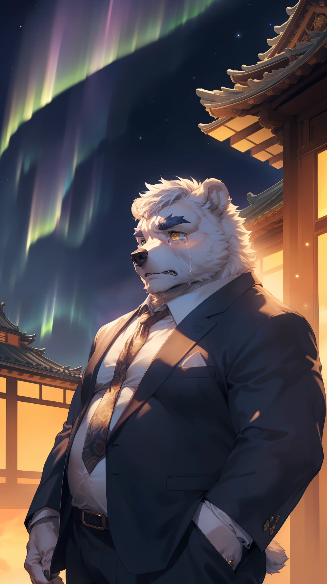 (By Empty Ghost, From thebigslick, By Dark Gem, Will chase), Keyuan Building (Onmyoji Daisenji Temple), High-quality photos, Perfect anatomical structure, Anthropomorphic white bear, male, 20 years old, (bear print), Thick eyebrows, Short hair, Strong body, Pectoralis major, White fur, Chubby figure, Golden pupils, (Suit and tie), Small bump, An anthropomorphic white bear in a suit and tie standing on the roof of a tall building, Watching the Northern Lights in the night sky, Beautiful aurora, (side, Look up at the sky, Sad expression, Tears flowed:1.5), blush, Clear facial features, Strong, solitary, (Beautiful aurora), Starlight, Urban buildings, Thousands of lights, Vision, Full body portrait (By Empty Ghost, From bear20, masterpiece, high quality, high resolution, 8k)