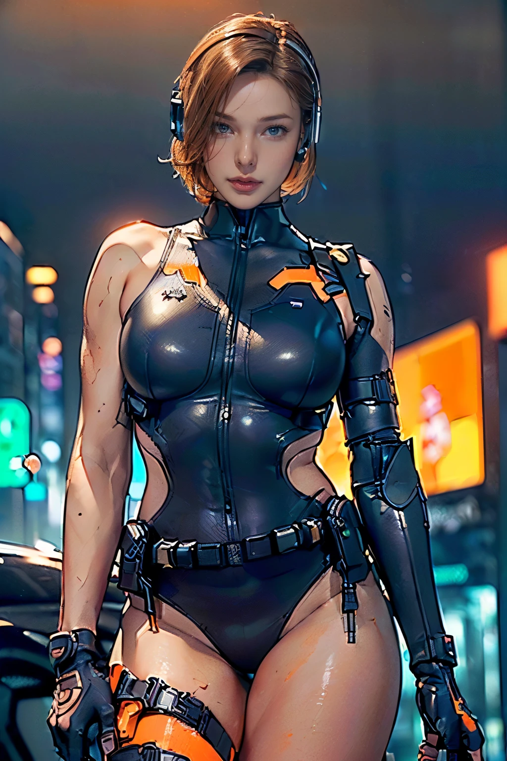 (One Woman),(((A female member of the future police force is holding a baton))),((orange colors tactical bodysuit:1.5)),((headset:1.5)),((Tactical Holster:1.5)),(Gloves:1.5),(serious:1.5),(extra short hair:1.5),(Blonde:1.5),(Beautiful Eyes:1.3),(Very detailedな顔:1.5),((Very detailed drawing of a female hand:1.5)),((muscular:1.5)),(Sexy Looks:1.5),((Thick thighs:1.5)),(Beautiful body:1.5),((Very sensual:1.5)),(The background is a futuristic city:1.5),(Cyberpunk atmosphere:1.5),(((Blur the background:1.5))),(Written boundary depth:1.5),break(((masterpiece:1.5),(highest quality:1.5),(Very detailed:1.5),(High resolution:1.5),(Realistic:1.5),(Realistic:1.5),(Delicate depiction),(Careful depiction))),8k,wallpaper