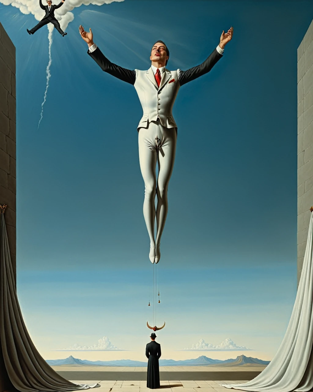 lucifer falling from the sky - surrealist style, surrealist artwrok, dream like, Salvador Dali style, Rene Magritte style, highly detailed, masterpiece, painting-like, HD