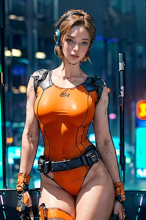 (one woman),(((a female member of the future police force is holding a baton))),((orange colors tactical bodysuit:1.5)),((headse...