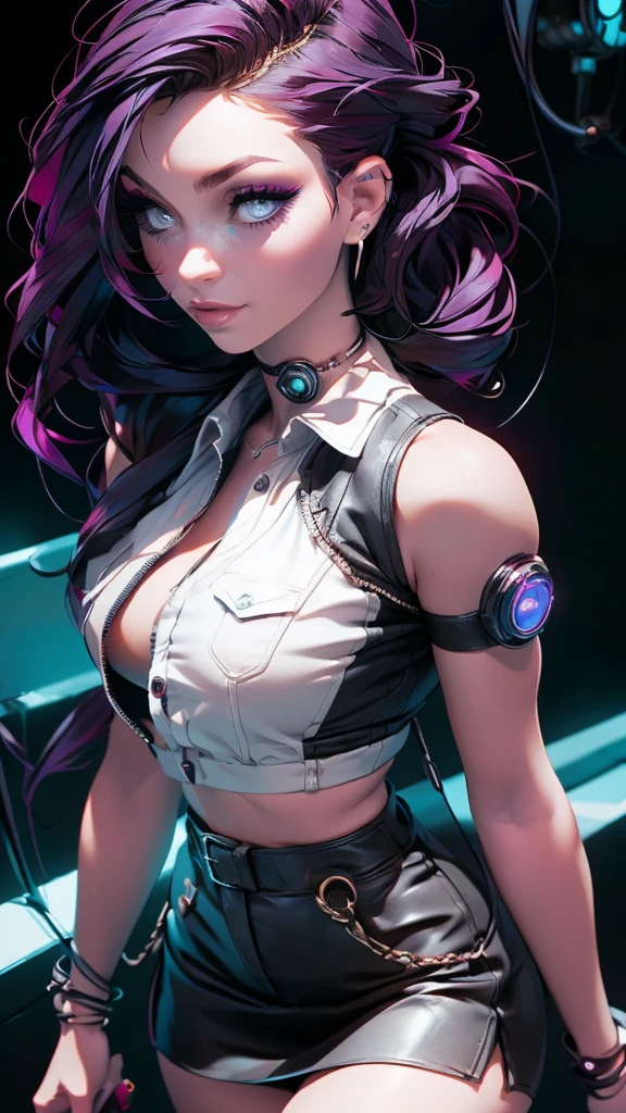 ((masterpiece, best quality)), ((1girl)), (solo), (realistic), (female focus), (skinny), (goth girl), (purple hair, very long hair), futuristic, eyeshadow, mascara, long eyelashes, large blue eyes, looking at viewer, light smile, goth, cyberpunk, sexy, (buttoned shirt), (button gap)), (short skirt)), standing, cyberpunk background, arms behind back, dynamic angle,