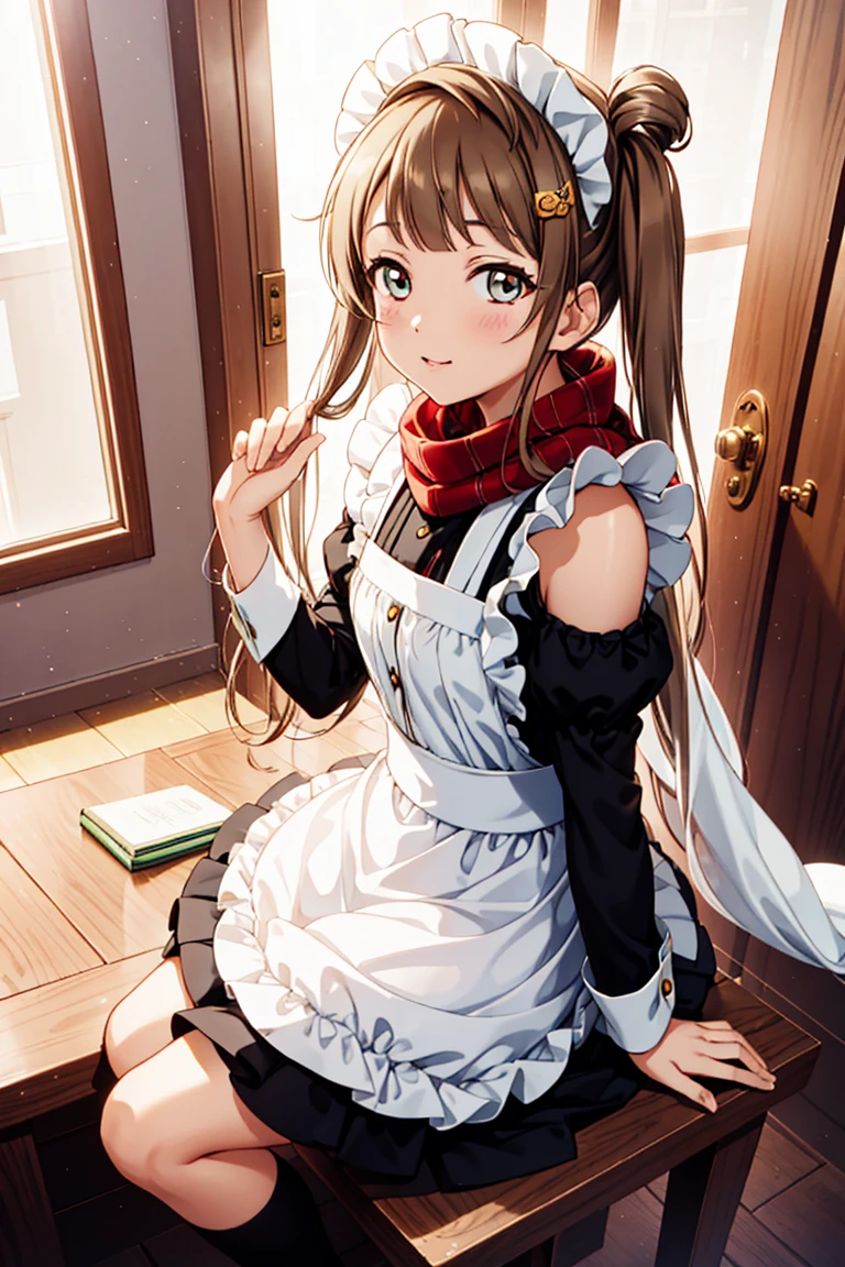 Minami Kotori, one side up, scarf, Masterpiece quality high resolution, Unity 8k wallpaper, illustration, Delicate eyes, Rich facial details, Highly detailed CG, Glossy lips, Light makeup, maid, Short puff sleeves, small maid apron, Over the knee socks