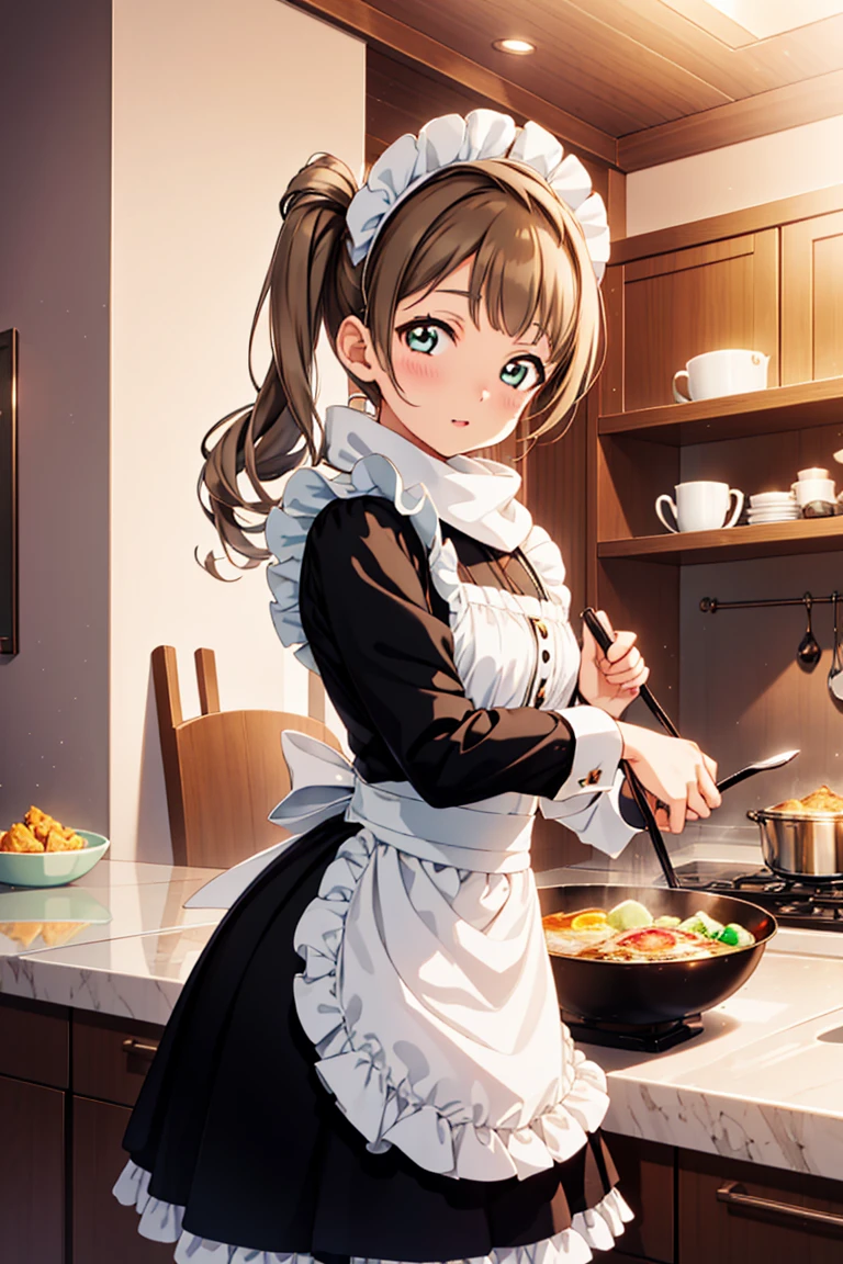 Minami Kotori, one side up, scarf, Masterpiece quality high resolution, Unity 8k wallpaper, illustration, Delicate eyes, Rich facial details, Highly detailed CG, Glossy lips, Light makeup, maid, Short puff sleeves, small maid apron, Long skirt，Omelet Rice，Cooking