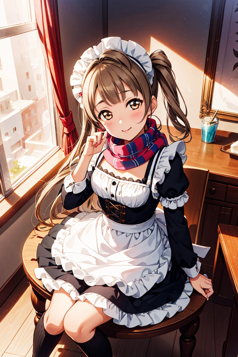 Minami Kotori, one side up, scarf, Masterpiece quality high resolution, Unity 8k wallpaper, illustration, Delicate eyes, Rich facial details, Highly detailed CG, Glossy lips, Light makeup,Taisho Maid, small maid apron, Over the knee socks