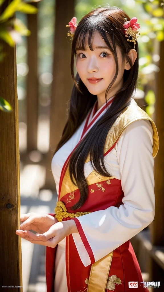 Great quality, masterpiece, High ResolutiOn, One girl, Red cheeks, (Charming smile: 0.8), Star, Chinese Hanfu, Hair Accessories, jewelry, Beauty, On_body, Tyndall effect, Realistic, Peach Blossom Forest, Light Edge, Two-tOne Lighting, (Highly detailed skin: 1.2), 8K UHD, Digital SLR, Soft Light, high quality, Volumetric Lighting, Peeking, photograph, High ResolutiOn, 4K, 8k, Background Blur