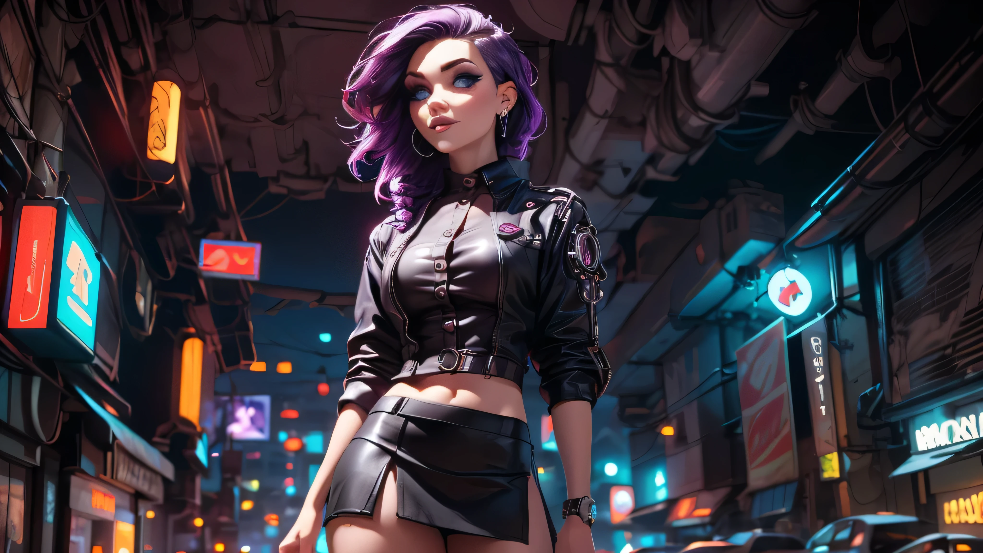 ((masterpiece, best quality)), ((1girl)), (solo), (realistic), (female focus), (skinny), (goth girl), (purple hair, very long hair), futuristic, eyeshadow, mascara, long eyelashes, large blue eyes, looking at viewer, light smile, goth, cyberpunk, sexy, (buttoned shirt), (button gap)), (short skirt)), standing, cyberpunk background, arms behind back, dynamic angle,