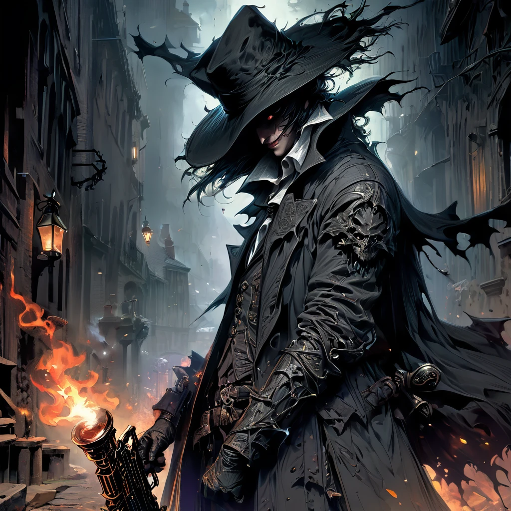 Best quality, Masterpiece, Ultra-high resolution, (photograph realistic:1.4), Surrealism, Dream-like,fusionart, Shadowdancer, shadow magic, darkness control, stealth, shadowstep, umbral spells,wrapped in shadow,have a gun,wrapped in shadow,have a gun,Bloodborne,hold a gun,