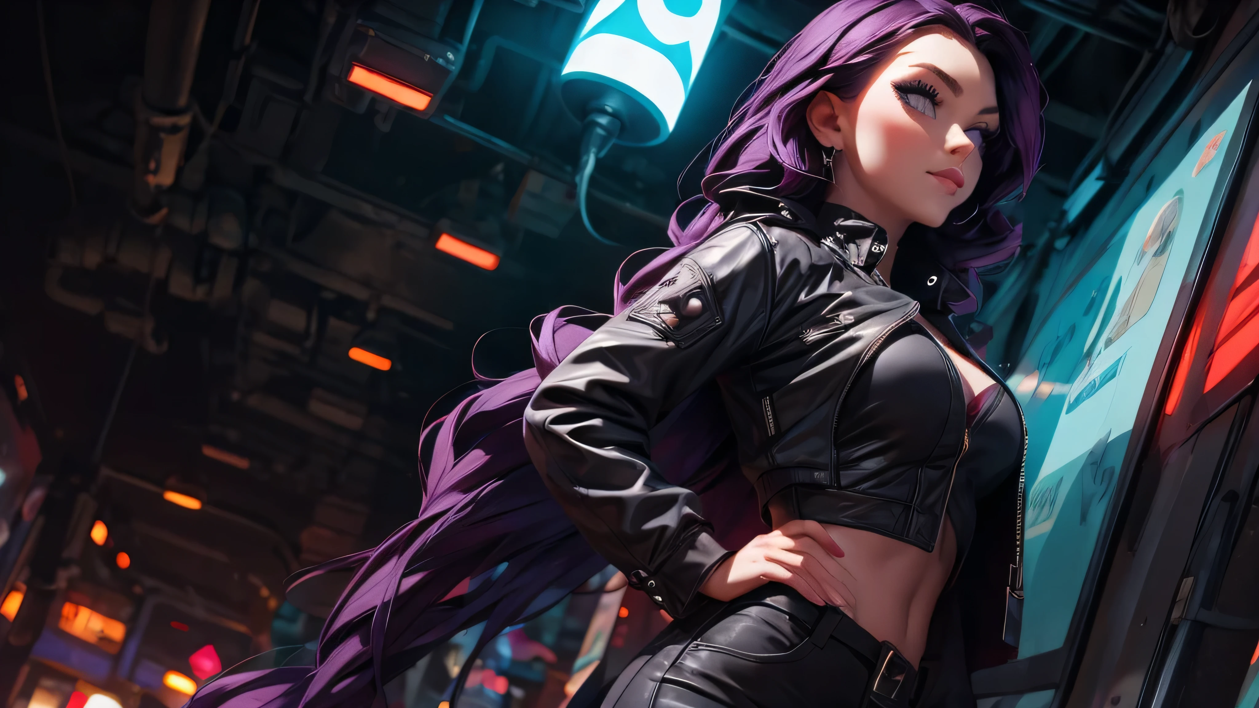 ((masterpiece, best quality)), ((1girl)), (solo), (realistic), (female focus), (skinny), (goth girl), (purple hair, very long hair), futuristic, eyeshadow, mascara, long eyelashes, large blue eyes, looking at viewer, light smile, goth, cyberpunk, sexy, (buttoned shirt), (button gap)), (short skirt)), standing, cyberpunk background, arms behind back, dynamic angle,