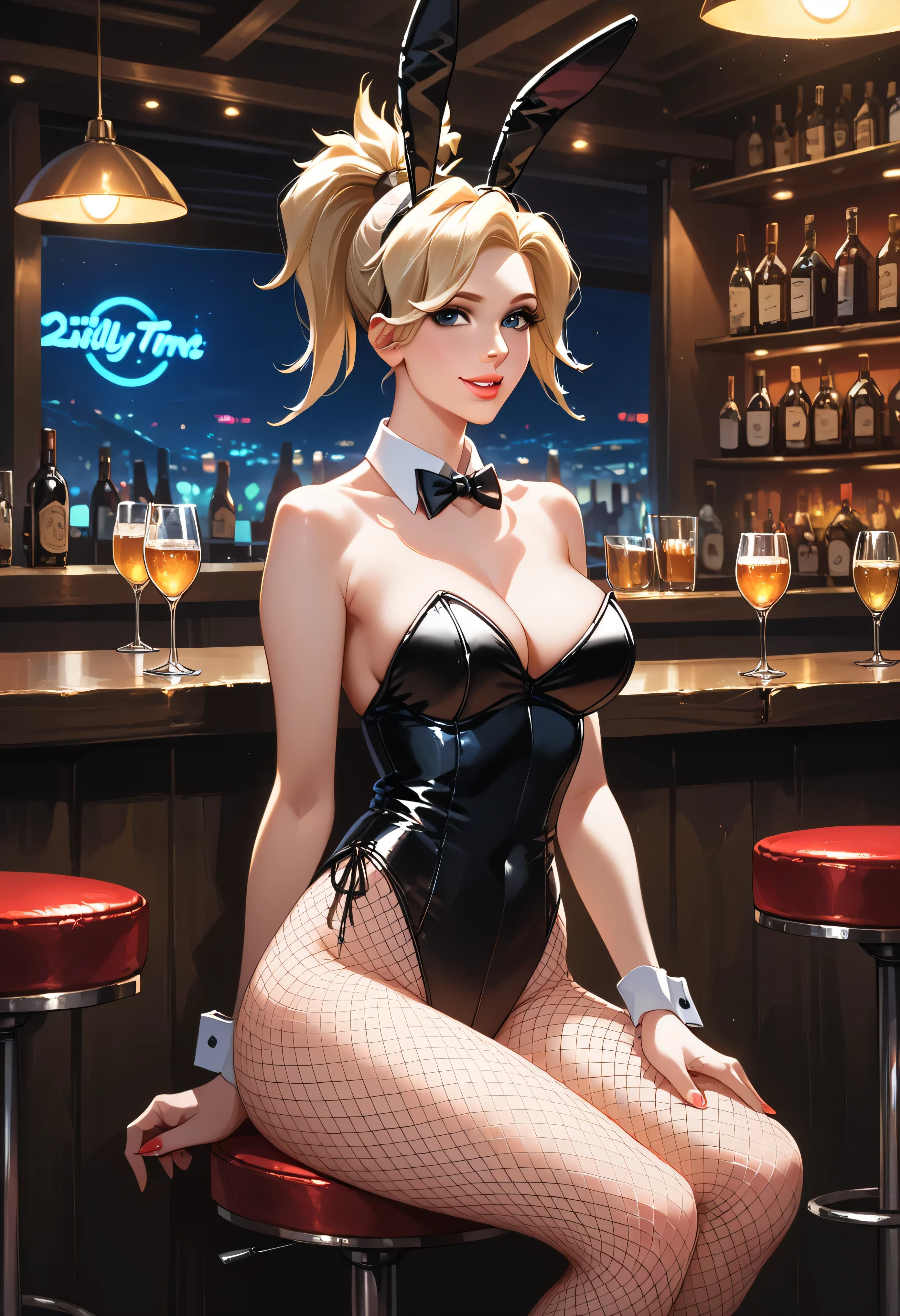 (1girl), Cowboy Shot, (mrcy, short hair, high ponytail, halo:1.3), ((Playboy Bunny, Fishnet tights:1.2), (Bunny ears, leotard:1.1), Beautiful detailed eyes, Beautiful detailed lips, Highly detailed face, Detailed Fashion, elegant, luxury, High quality fabric, smile, Random Pause, bar, Nightclub, night, dimly lit, Cinematic, Intricate details, high heels, sitting