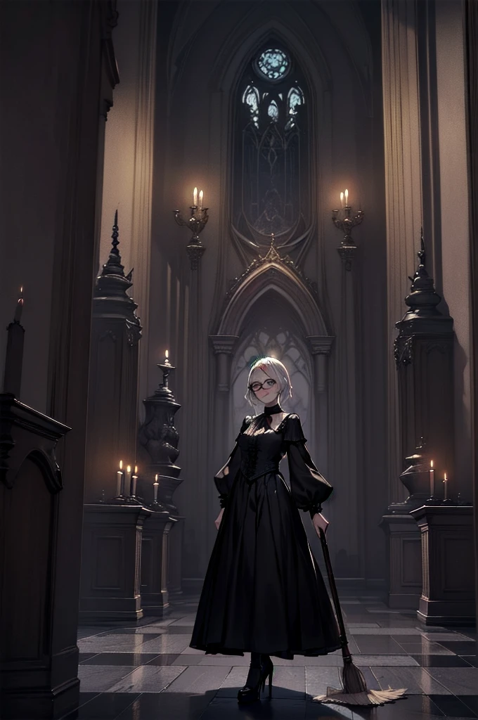 beautiful girl、cute、baby face、smile、Glasses、Long skirt、Black pumps、Magic Broom、witch、beautiful girl、(Best Quality,4K,High resolution,Masterpiece 1.2),Very detailed,Real 1.37,Spooky altar background,Dark fantasy,Black color scheme,Ominous atmosphere,Eye-catching,Storytelling,anatomy,Anime Style,Concept Art,Inappropriate behavior,Scythe Face,beautiful, Delicate facial features, pale Skin, Dark Background、Dark Background, Cinema Lighting, Dramatic Shadows, Gothic, Gloomy atmosphere, Dark fantasy, One person&#39;S, Red cheeks, ,(Blood splatter 1.3),Scary smile, smile,TwiSted smile、Bloody,(Blood splatter 1.3),skull,Horror Style, ((Fantasy Sweet Ta Frill Black Costume)), ((Flowing Black Hair)), Female Curves, Sexy flat stomach, Perfect hands, Perfect anime character face, (Black Dress)), Standing, ((Evil smile)), ,(Dark fantasy1.3), Steam circulation, Moonlight Illumination, night lighting, (Blood splatter 1.3),Anime Angel Design, Gothicarchitecture、architecture、Western architecture、Fantasy World、,Victorian city, Skeleton Gas Light,Absurd, High resolution、 ((Tabletop)), ((Best Quality)), (Very detailedな), ((Very detailed)), (beautiful), ((cute)), One personで,(1.6)、beautiful face、Full Body Ezbian、pale, beautiful肌、Big Breasts、beautiful black hair、Long Hair、Smiling Kindly、Dark building ruins、(snow white&#39;Frill dress 1.3)、(The dark ruins are Bloody 1.3)、Low angle full body shot、(Glasses 1.2)、(Creepy 1.3)、(The girl lost a lot of blood............1.3)、(crazy smile1.6)、(Blood dripping from the mouth 1.3)、（Glasses 1.5）、Wearing Glasses、Droopy eyes、Glasses、Gothic Dress、bangs, Long Hair, Black Hair、Dark fantasy background