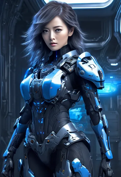 a female police officer wearing exoskeleton cyber armor, the armor fits snugly、he has a plasma gun in his hand., full body view,...