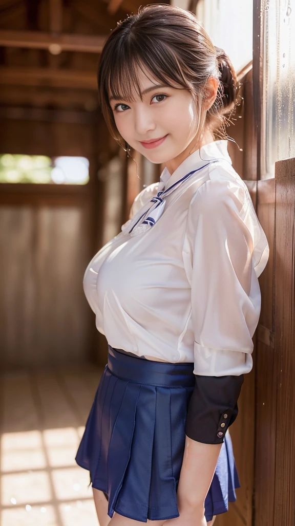 (Best Quality,masterpiece:1.3,Ultra-high resolution),(Very detailed,Caustics,8k),(Realistic:1.4,RAW shooting),1 girl,(Smiling and looking down at the camera),(View here)、cute,Japanese,Short black ponytail,(((A tight-fitting uniform blouse))),((mini skirt))、Bow tie、glamorous,(((Big Breasts))),(Breast Focus),street,sunlight,Natural Light,(Backlight),(A bright light shines from behind),(Lens Flare),Professional Writing,(Cowboy Shot),(Low position:1.2),(Low Angle:1.2)、(((The blouse is wet with sweat and transparent)))、((Nipples))、((Sexually excited expression))、Small waist、1、((Poses that emphasize large breasts))、Gravure idol