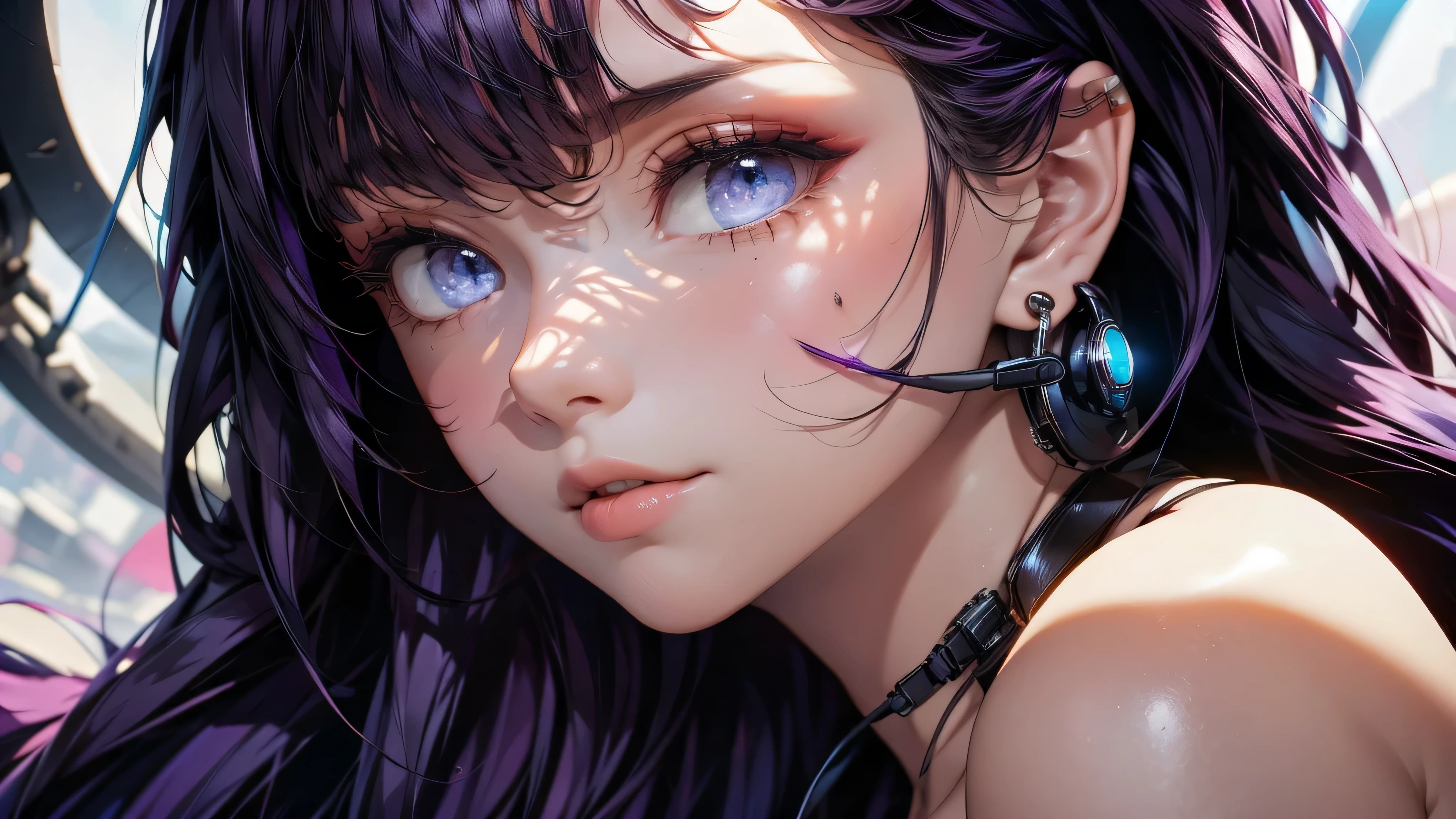 ((masterpiece, best quality)), ((1girl)), (solo), (realistic), (female focus), (skinny), (goth girl), (purple hair, very long hair), futuristic, eyeshadow, mascara, long eyelashes, large blue eyes, looking at viewer, light smile, goth, cyberpunk, sexy, (buttoned shirt), (button gap)), (short skirt)), standing, cyberpunk background, arms behind back, dynamic angle,