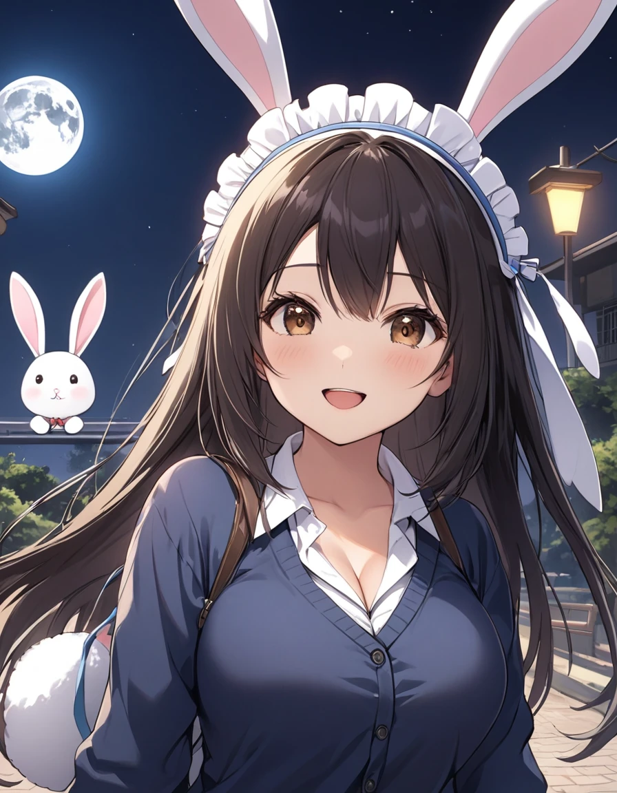 4k, bestquality, detailed, detailed scenery, detailed eyes, 1Girl, cute, adorable, straight hair, long hair, black hair, brown eyes, cleavage, looking at the camera, standing, big_laugh, background is a full moon, upper body, (school uniform:1.3), dark blue Cardigan, white shirt, (headdress with white fake rabbit ears:1.4), from front